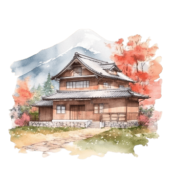 Japanese house with autumn leaves, png