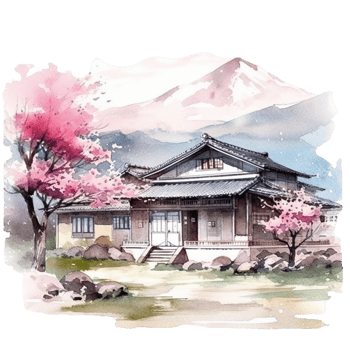 Japanese house with autumn leaves, png