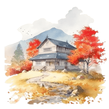 Japanese house with autumn leaves, png