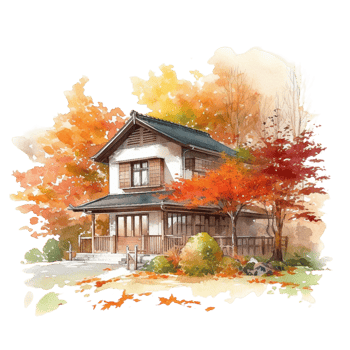 Japanese house with autumn leaves, png