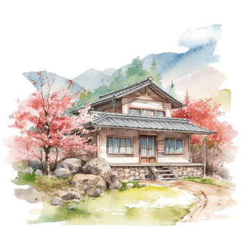 Japanese house with autumn leaves, png