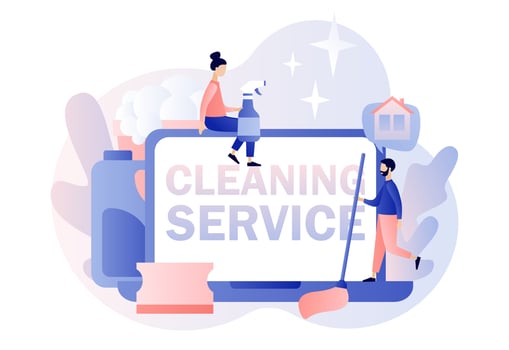 Cleaning service. Online professional hygiene service for domestic households. Tiny people clean house with cleaning tools. Modern flat cartoon style. Vector illustration on white background