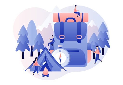 Camping concept. Nature tourism. Tiny people in summer camp with big travel backpack, tent, campfire, mountains and forest. Modern flat cartoon style. Vector illustration on white background