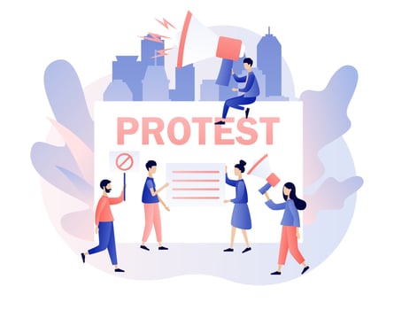 Protest and social activity concept. Tiny people protesters, holding banners, placards and megaphones. Parade, political meeting or rally. Modern flat cartoon style. Vector illustration