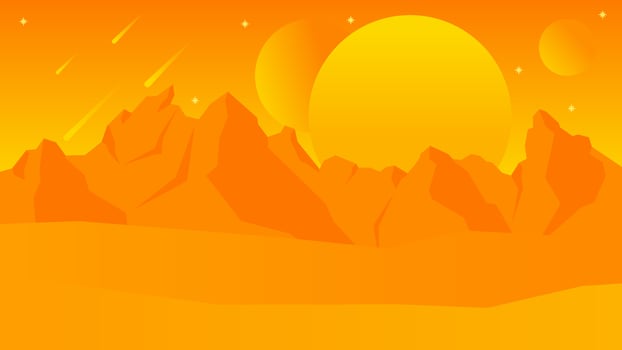 Science fiction landscape vector illustration. Orange yellow desert planet landscape space view. Fiction galaxy of desert mountain. Science fiction vector for background, wallpaper or illustration