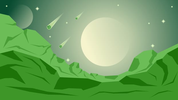 Science fiction landscape vector illustration. Green fiction planet landscape background. Moon in green planet. Science fiction vector for background, wallpaper, display or illustration