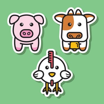 Cute Cow, Pig, and Chicken Farm Animal Icons Vector