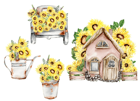 Watercolor hand drawn spring garden full of sunflowers square frame . Watercolor illustration for scrapbooking.Cartoon hand drawn background with flower for kids design.Perfect for wedding invitation. png