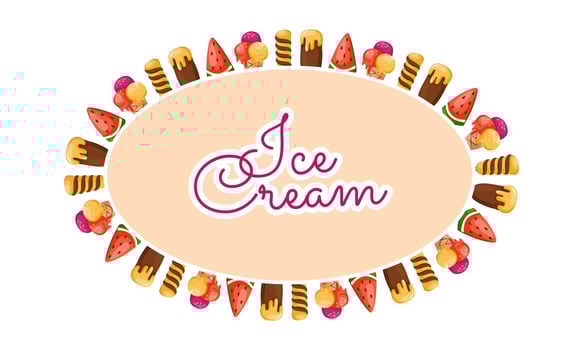 A frame with various types of ice cream on a white background. Vector frame template for restaurant menus, postcards, backgrounds, summer designs