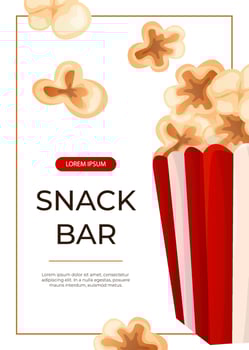 Promo flyer with fast food flying crunchy popcorn in a striped box. Street takeaway cafe, cooking, junk food. King size, classic american traditional cartoon snacks meals. A4 for banner, poster vector