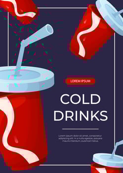 Promo flyer with fast food soda, cola red disposable plastic cup. Street takeaway cafe, cooking, junk food. King size, classic american traditional cartoon snacks meals. A4 banner, poster, menu vector