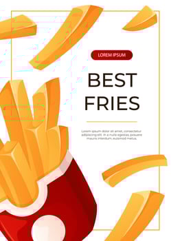 Promo flyer with fast food flying french fried potato. Street takeaway cafe, cooking, junk food. King size, classic american traditional cartoon snacks meals. A4 for banner, poster, menu vector