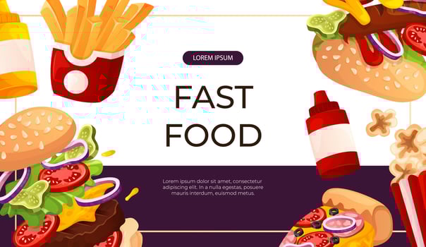 Promo banner with fast food hot dog, pizza, soda, fries, burger. Street takeaway cafe,cooking, junk food. King size, classic american traditional cartoon snacks meals. for cover, poster, flyer vector