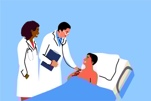 Healthcare, medicine, examination concept. Young man doctor and african american woman nurse hospital worker examinating sick patient asking about wellbeing. Daily support of ill people in clinic. vector