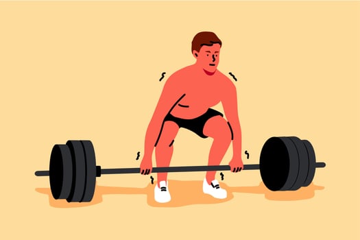 Training, sport, lifting, strength, fitness concept. Young strong man or guy athlete cartoon character preparing to lift barbells with high weight. Active bodybuiling workout or crossfit illustration. vector