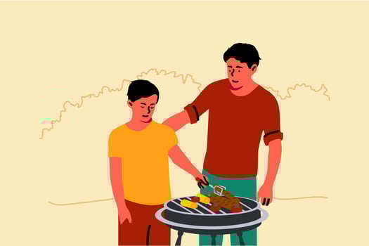 Fatherhood, childhood, holiday, education concept. Young man dad teaching child kid son how to grill standing together in backyard. Family gathering and spending time on summer vacation or fathers day vector