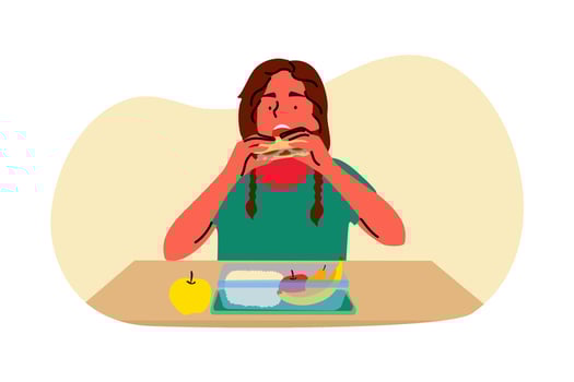 Dinner, school, food, break, childhood concept. Young child kid girl tennager pupil cartoon character sitting and eating meal sandwitch from lunch boxes at breakfast. School supper time illustration vector