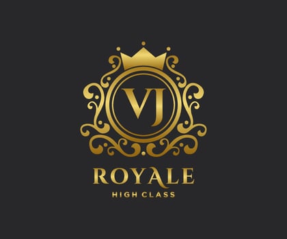 Golden Letter VJ template logo Luxury gold letter with crown. Monogram alphabet . Beautiful royal initials letter. vector