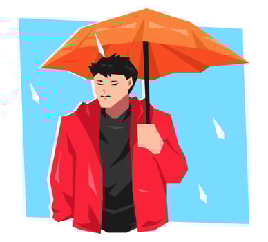 Teenage boy wearing umbrella when it rains. isolated on blue background with raindrops. cartoon flat vector illustration.