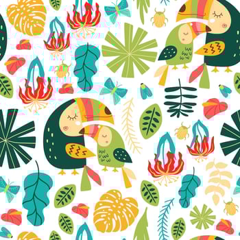 Jungle forest pattern with toucan birds. Abstract bright jungle seamless pattern. Summer tropical background. Vector illustrations of toucan, leaves, flowers, bug, butterfly Mom and baby poster, card.