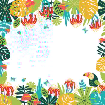 Safari frame. Jungle floral frame. Tropical leaves, palm leaves, frame nature background. Bright rainforest card with jungle tropical flowers, monstera leaves. Vector illustration. Toucan bird.