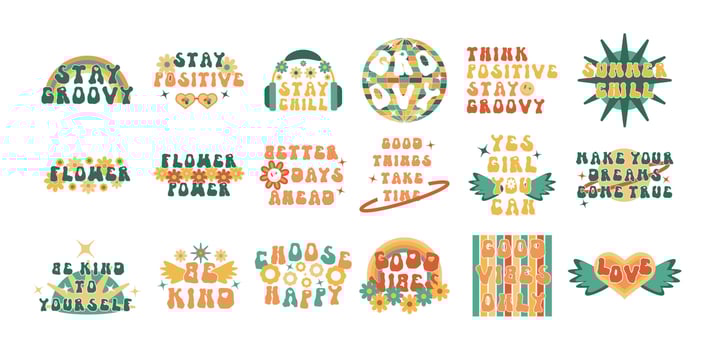 Groovy trippy rave wave font sublimation print with daisy camomile flower. Stay positive and dreams come true text quote for 70s vibe with smiley and heart. Funky typography illustration set vector