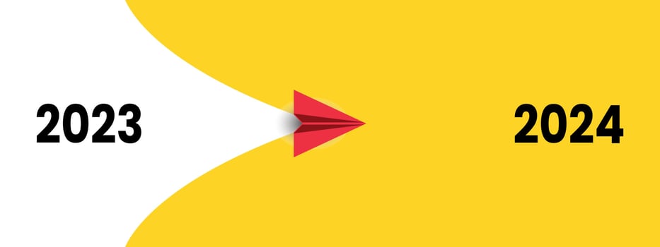 Red airplane flying from Year 2023 to Year 2024 on white and yellow background. New year idea concept with business creativity new idea discovery innovation technology. vector