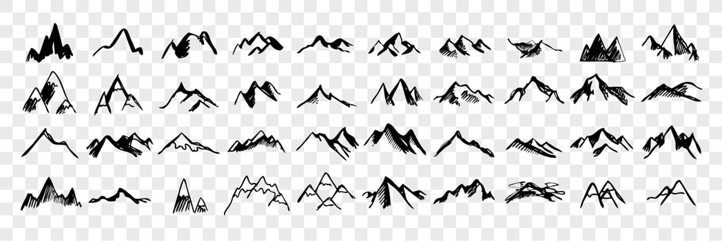 esboço, mão desenhado montanha picos conjunto coleção vetor
