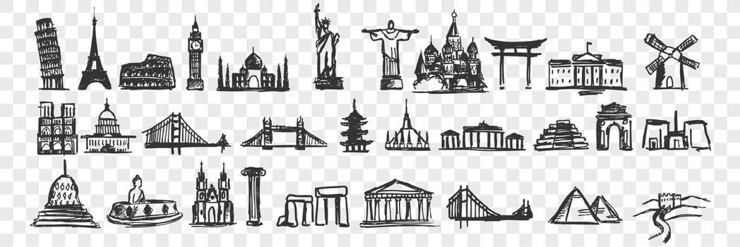 Hand drawn landmarks doodle set vector