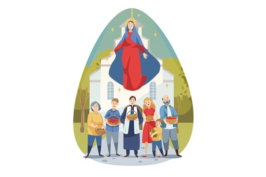 Religion, bible, christianity concept. Young Maria mother of Jesus Christ protecting caring about people christians parish with food vegetables. Assumption of Mary ascension celebration illustration. vector