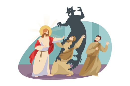 Christianity, religion, protection, devil concept. Jesus Christ son of God Messiah gospel biblical religious character expelling demon satan from posessed man. Divine support Lord power illustration. vector