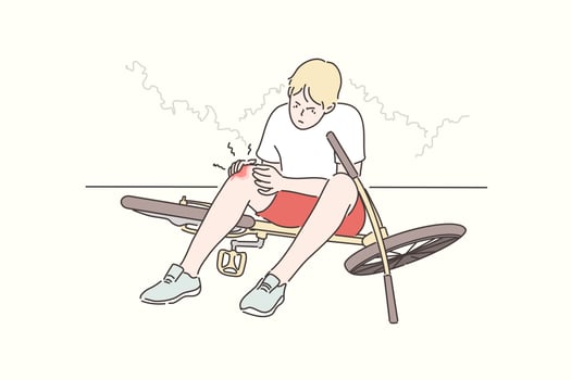 Trauma, sport, cycling, pain, anger concept. Young sad angry boy teenager cartoon character fell down from bike and got injured knee painfully. Summer holiday recreation active lifestyle illustration. vector