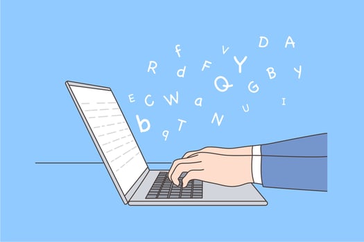 Business, work, education, report, storytelling concept. Human character editor author writer hands typing text narration using laptop. Grammar language learning remotely or sending email illustration vector