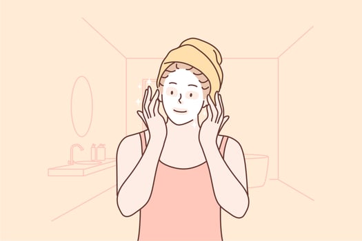 Beauty, skincare, health, makeup, treatment concept. Young happy woman girl cartoon character applying organic cosmetic mask cream on face. Healthy lifestyle and treatment from wrinkles illustration. vector