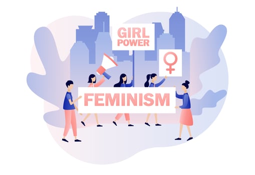 Girl power and feminism concept. Tiny women with banner, posters and megaphon. Female gender symbol. Modern flat cartoon style. Vector illustration on white background