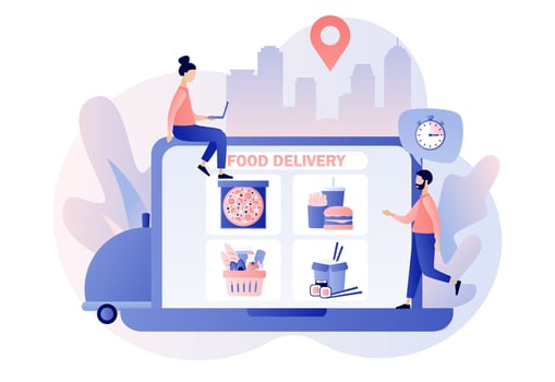 Food delivery service. Tiny people order food online in website on laptop screen. Pizza, burger, french fries, sushi, rice, food basket. Modern flat cartoon style. Vector illustration