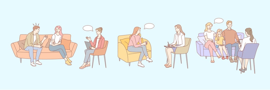 Family therapy, psychology, meeting session set concept vector