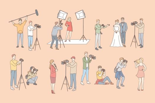 Photo and video shooting, paparazzi, journalism set concept vector