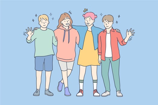 Friendship, portrait, happiness, joy, childhood concept. Happy cheerful smiling young children kids boys girls group friends standing hugging together looking at camera. Positive facial expressions. vector