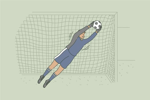 Sport, game, playing, match, competition, hobby concept. Young professional african american man guy soccer goalkeeper character catching ball on stadium field during championship. Active lifestyle. vector