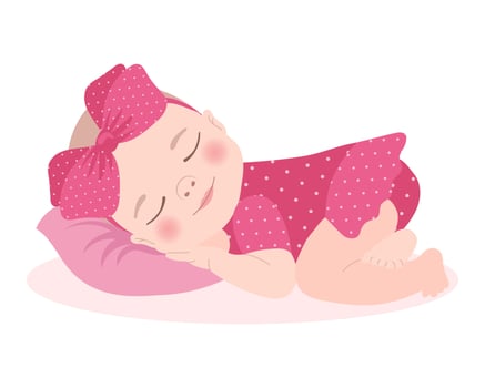 Cute sleeping baby girl in a pink dress with a bow, newborn baby girl. Children's card, print, vector