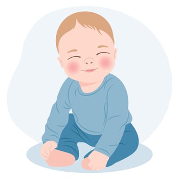 Cute cheerful baby boy in blue clothes, newborn baby boy. Children's card, print, illustration, vector