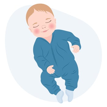 Cute cheerful baby boy in blue clothes, newborn baby boy. Children's card, print, illustration, vector