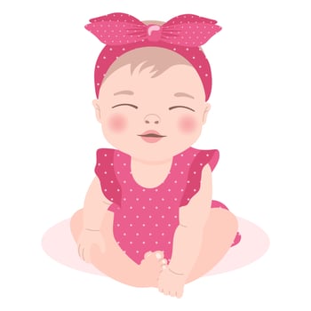 Cute baby girl in a pink dress with a bow, newborn baby girl. Children's card, print, vector
