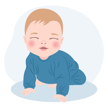 Cute cheerful baby boy in blue clothes, newborn baby boy. Children's card, print, illustration, vector