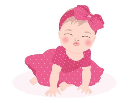 Cute baby girl in a pink dress with a bow, newborn baby girl. Children's card, print, vector