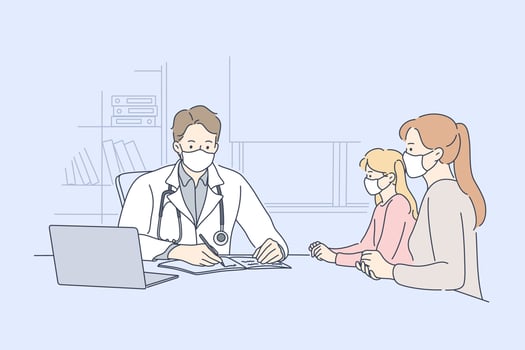 Patient, examination, medicine, coronavirus, healthcare concept. Woman mother child kid daughter in medical face masks talking to man doctor. Health checking and protection from pollution and covid19. vector