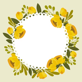 Floral frame of yellow poppies, floral wreath for text. Illustration, invitation, vector