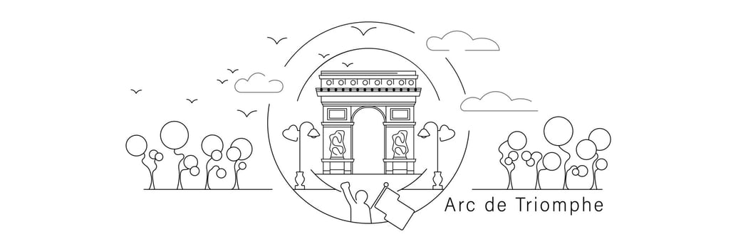 Arc de Triomphe black line vector illustration isolated on white background.