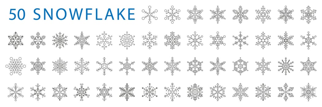 Snowflake christmas xmas 50 new year winter celebration decoration symbol vector outline line black on white background icons set.